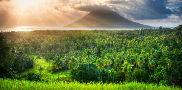 volcano, sunset, jungle green